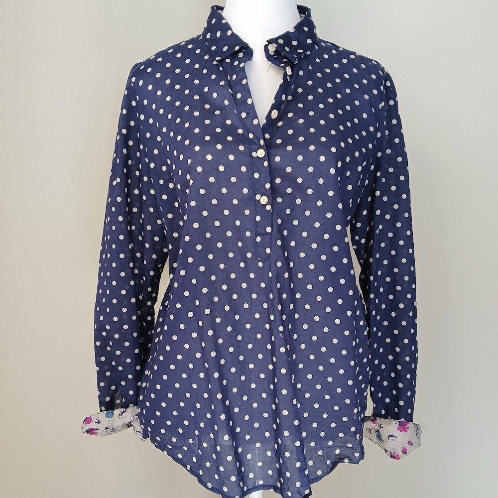 Anthropologie Navy Polka Dot Button-Up Blouse - Picture 2 of 10